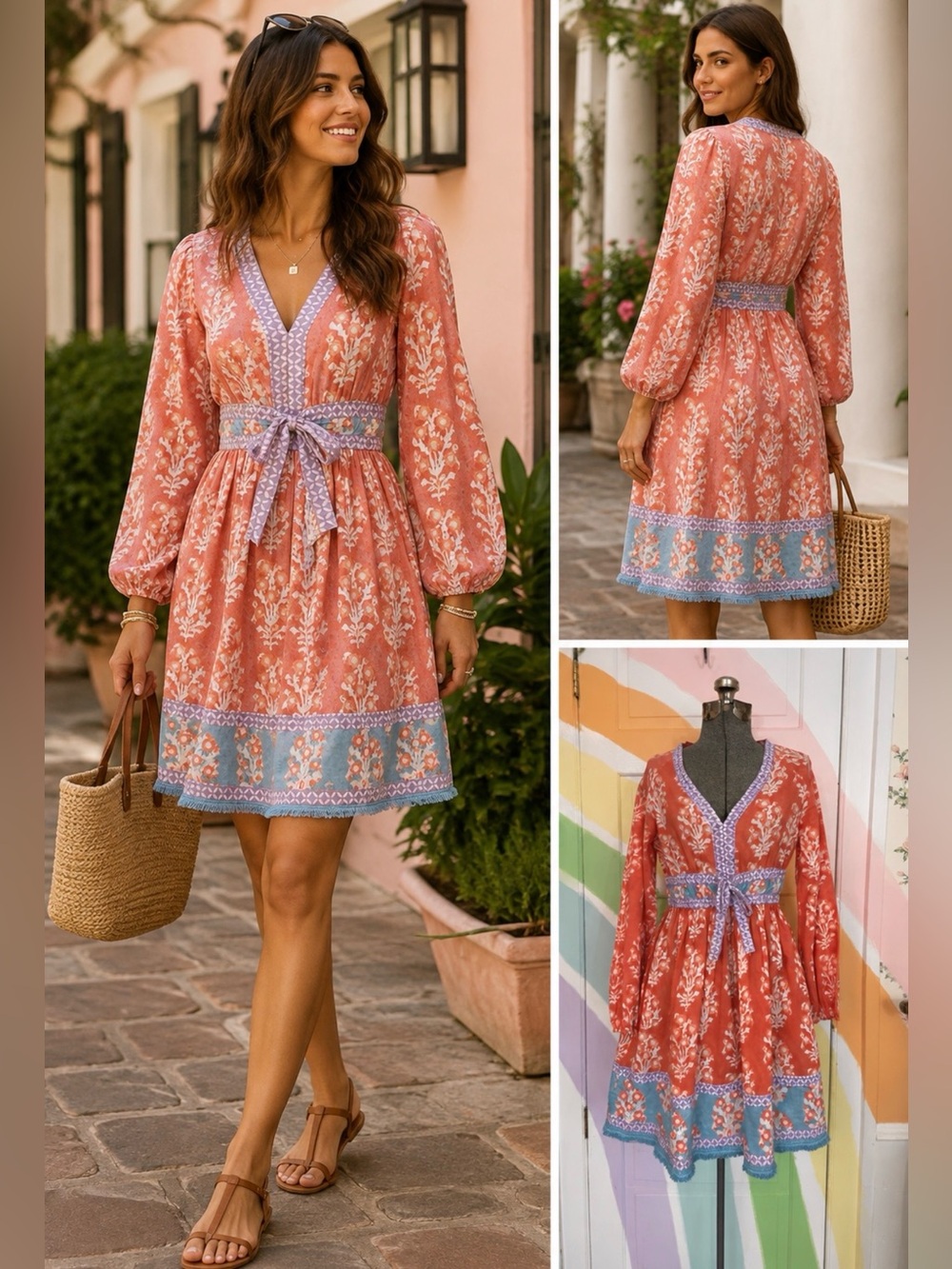 Sohana Anita Indian Cotton Block Print Tie Waist  Dress Pastel Orange Sz M🧡🎀